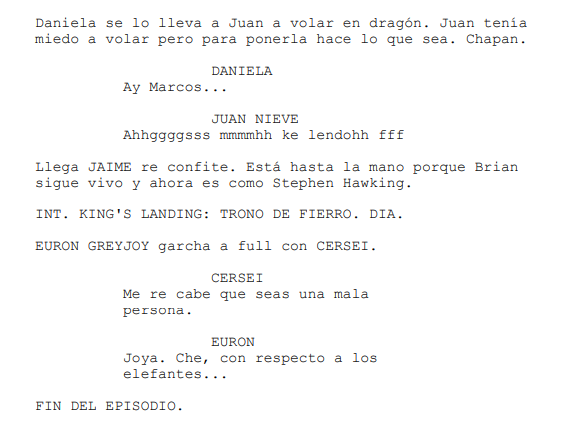 NavajaCrimen's tweet photo. Game Of Thrones 8x01 resumido en una página de guión. Hay spoilers. https://t.co/rmGG86I6oK