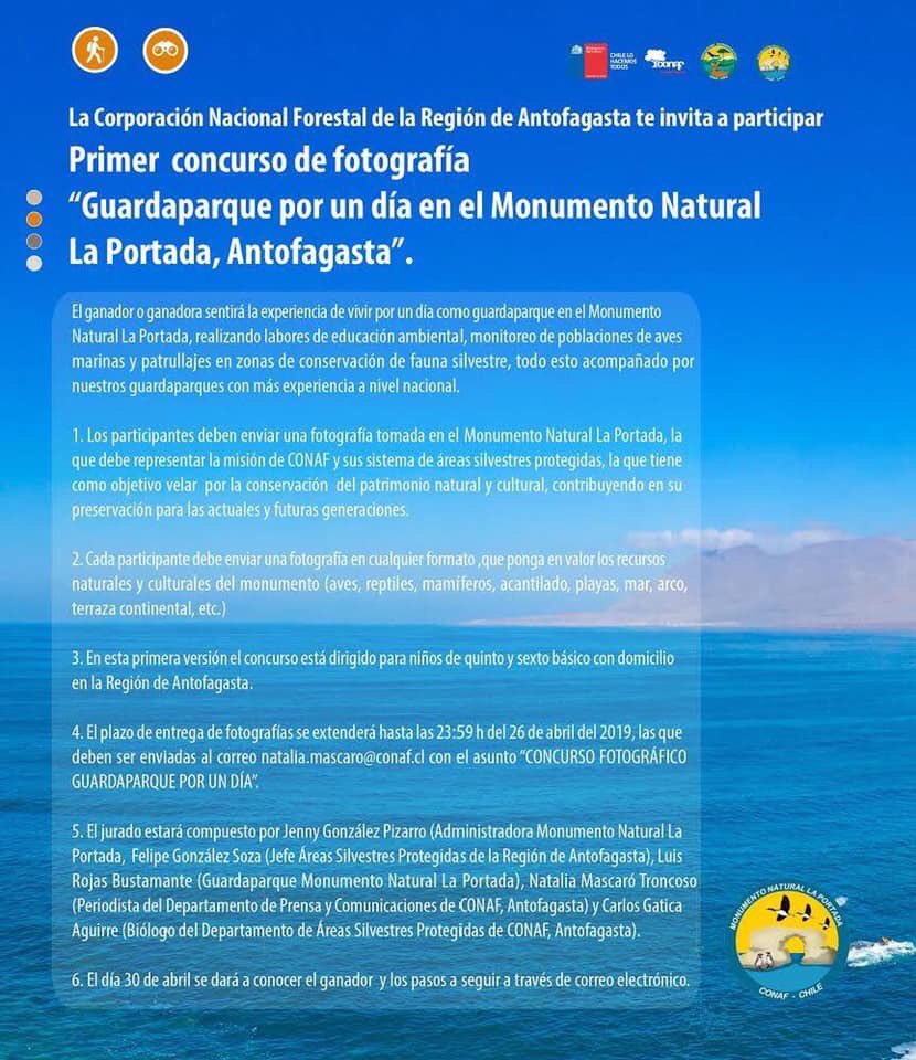 CONAFantof's tweet image. Si estás en quinto o sexto básico y eres amante de la naturaleza, no te pierdas la oportunidad de participar en el primer concurso de fotografía “Guardaparques por un día en el Monumento Natural La Portada” #antofagasta