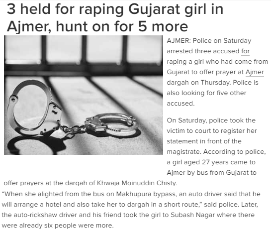 Rajasthan234's tweet photo. 3 held for #raping Gujarat girl in #Ajmer, hunt on for 5 more
#Nirbhaya #RaiseForWomen #Women #Police #Rajasthan https://t.co/roouj8wK5Q