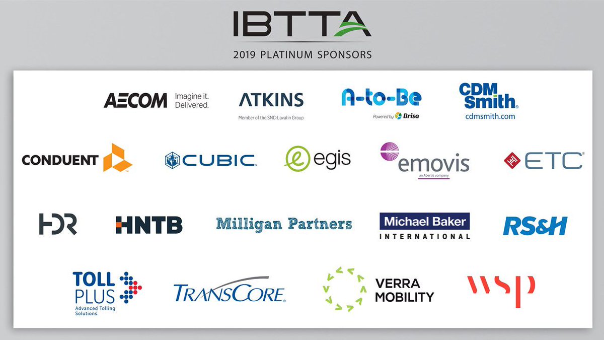 PatJonesDC's tweet photo. #VIDEO. Thanks to our Platinum Sponsors for supporting #IBTTAOrlando #IBTTA #Technology #Summit 2/
@HDR_Inc
@HNTBCorp
@MBakerIntl
@MilliganPartnrs
@WeAreRSANDH
#TOLLPLUS
#Transcore
@VerraMobility
@wsp
https://t.co/kugw4b1b00 https://t.co/k5WN2c2L9k