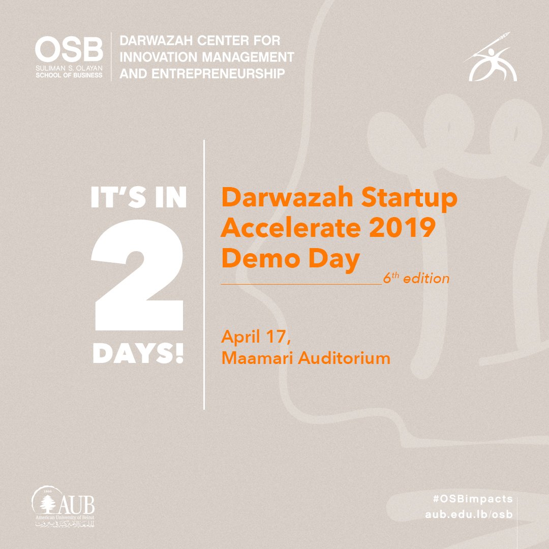speedacceleratr's tweet photo. Excited about the 6th edition of Darwazah's Demo day? We know we are! Join us this Wednesday @AUBOSB as 2 startups win $10k each #DSAccelerate2019 #OSBimpacts #speedaccelerator #speedlebanon #speedbdd #techstartup #techaccelerator #startuplebanon #startupsupport #mentorship https://t.co/drWaMh6wEi