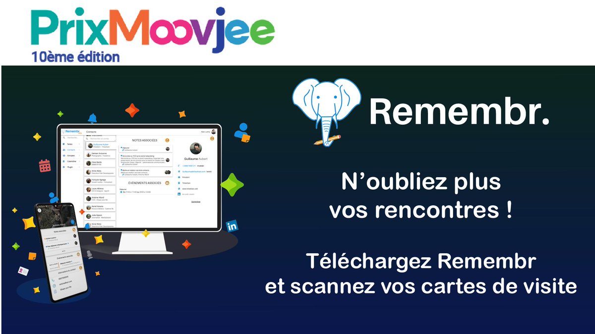 Remembr_App's tweet photo. La soirée de remise du GrandPrix @MoovJee c'est demain🔥@Remembr_App est partenaire de l'événement pour créer vos contacts d'une simple photo de carte de visite 🐘N'oubliez plus les personnes que vous rencontrez, et ne passez plus à coté d'opportunités 🤓 https://t.co/tBy3LIEwDu https://t.co/mF8uytfxQD