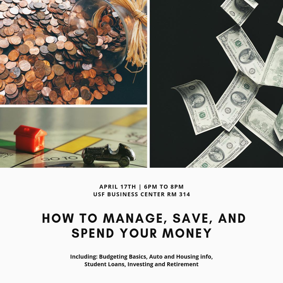 USFengagement's tweet photo. We all have something to learn about personal finances. This Wednesday is your chance to learn about the following subjects:

-Budgeting Basics
-Auto and Housing
-Student Loans
-Investing and Retirement

6-8 PM in Business Center 314 (downtown) 💵💳 https://t.co/Y70pGUDeHH