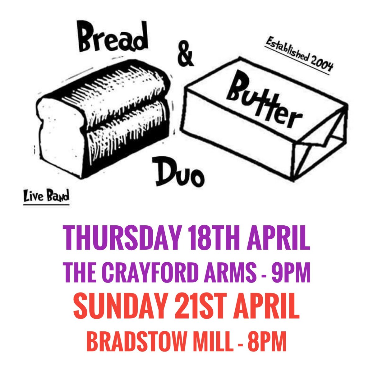 BreadButterDuo's tweet photo. This weekends Easter gigs:
Thursday 18th April @crayfordarms1 Sunday 21st April @BradstowMill Join us for some #ButteryEasterFun & #LetsGetButtered #BreadButterCrayford #BreadButterBroadstairs #LiveMusic @ShepherdNeame @ThorleyTaverns https://t.co/wiEumNw7Zk https://t.co/z5pOkRTD6c