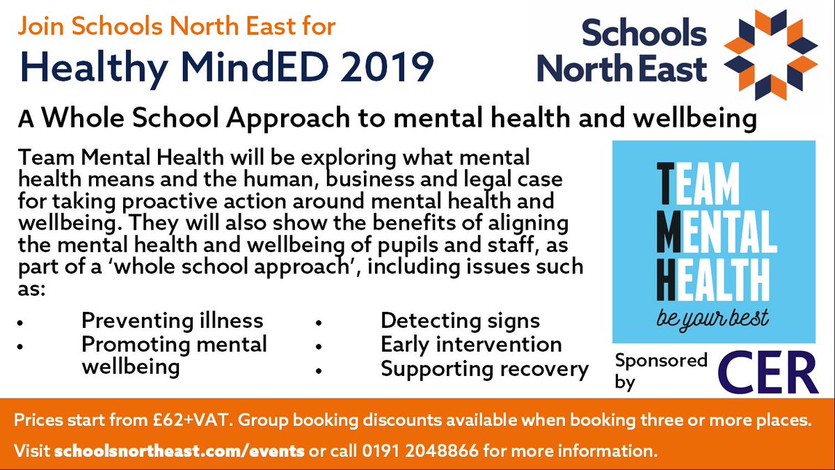 SCHOOLSNE's tweet photo. We will be joined by @GoTeamMH for Healthy MindED 2019, who will be exploring the benefits and implementation of a 'whole school approach'.
Join us on 3rd May at Durham County Cricket Club, sponsored by @CEREducation
Book your tickets now:
https://t.co/iXTX4fT5et
#SNEEvent https://t.co/YPjMkP1UOd