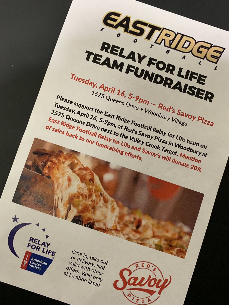 Help to raise funds for our <a href="/RaptorPride/">East Ridge Football</a>🏈 Relay for Life Team!! Tomorrow night 5-9pm <a href="/savoypizza/">Red's Savoy Pizza</a> In Wdbry.  Mention ERHS 🏈RFL!!  #OneEastRidge <a href="/erhsfans1819/">ERHS Super Fans 2K18</a> <a href="/ERHSsuperfans19/">ERHS SUPERFANS</a> <a href="/ERHSWoodbury/">East Ridge High</a>