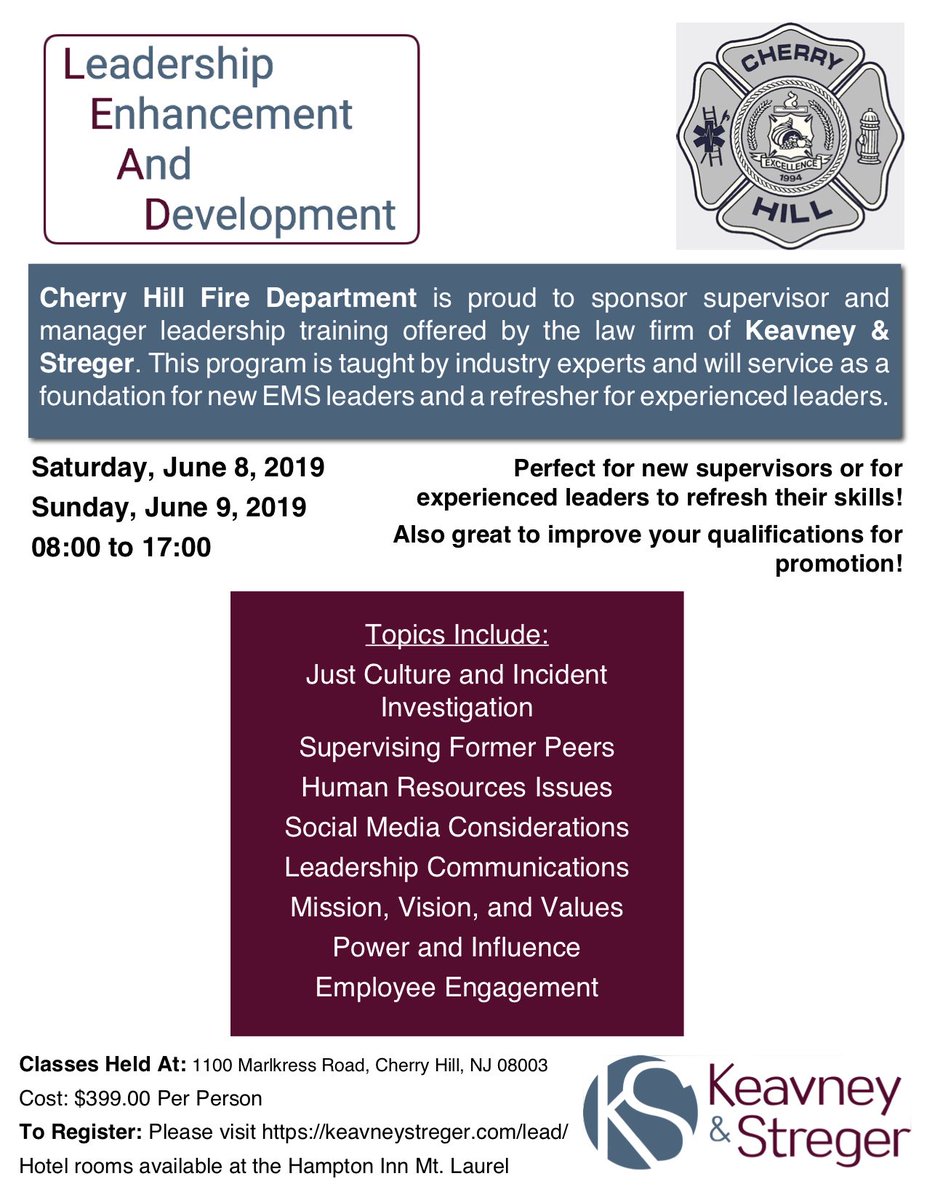 EMS Leaders! Spend a weekend with us June 8 and 9 for the LEAD Program! Topics include Just Culture, Incident Investigation, Human Resources, Supervising Former Peers, Leadership Communications, Power and Influence, and more!The cost is $399 per person keavneystreger.com/lead/lead-regs…