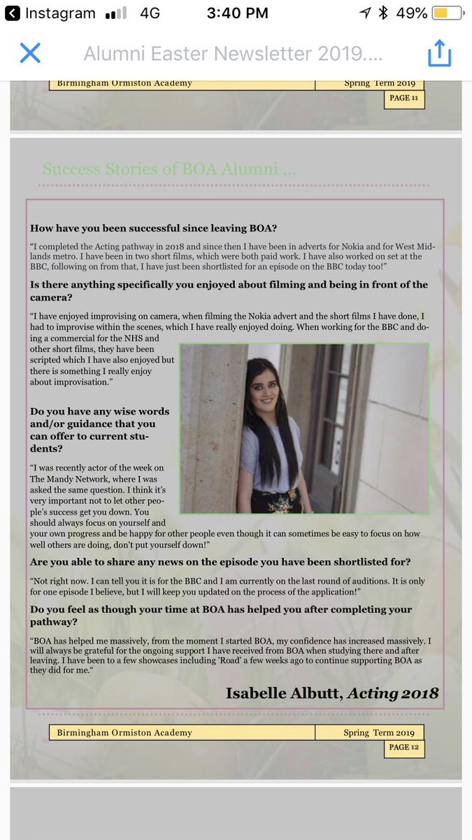 izzyalbutt1's tweet photo. Take a look at my feature in the @BOA_Alumni newsletter! UPDATE: I was chosen for the BBC episode and it should be out towards the end of the year! #update #actress #alumni #alumni2018 #BOA https://t.co/eFo7MTRARw
