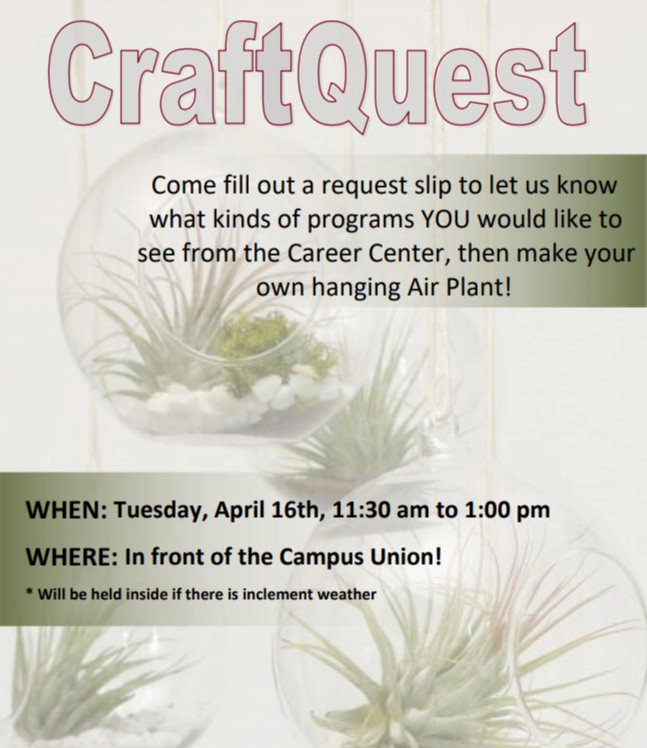 SCCareerCenter's tweet photo. Help the Career Center welcome the Spring season by making your own hanging air plant! All you have to do provide our staff with some feedback about our services. We will see you TOMORROW in front of the Campus Union. (Fingers-crossed for sunshine!) #craftquest #spring https://t.co/Ufd7TQOTS1