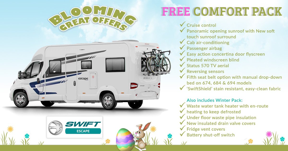 HomesteadCvans's tweet photo. BLOOMING GREAT OFFERS ON ALL SWIFT CARAVANS &amp; MOTORHOMES! Swift Escape &amp; Escape Compact now with FREE COMFORT PACK WORTH £1,740. See in-store or visit: https://t.co/T7XthMqxHM
@swiftgroup #SwiftGroup #HomesteadCaravans #SwiftEscape #MotorhomeDeals #SwiftMotorhomes #NewMotorhomes https://t.co/fCRkMq8ei7