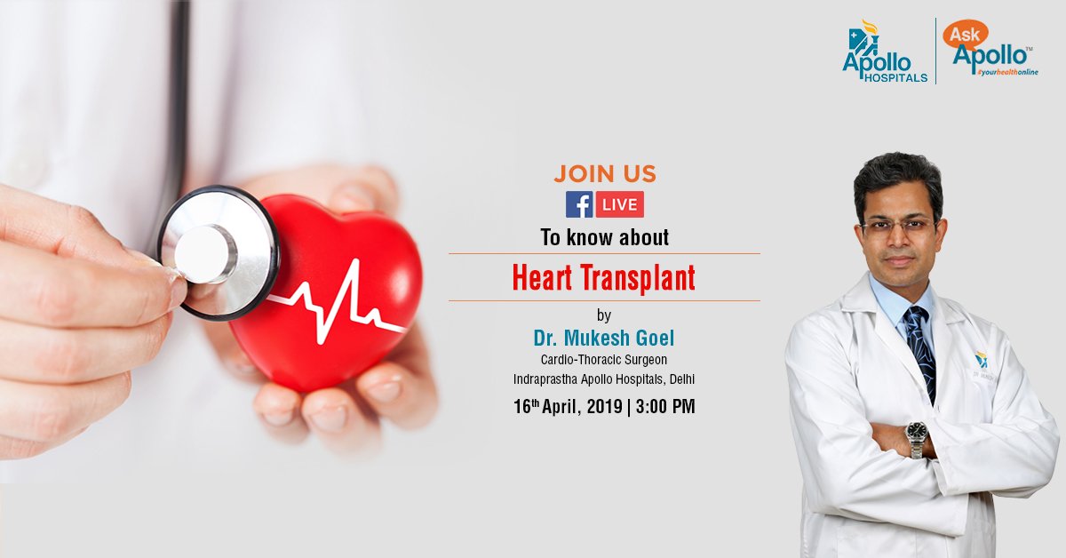 HospitalsApollo's tweet photo. Join us on FB Live for open discussion on Heat Transplant by Dr. Mukesh Goel, Cardio-Thoracic Surgeon, Indraprastha Apollo Hospitals, Delhi on 16th April 2019 at 3:00 PM
#ApolloHospitals #ApolloNeverSleep #ListenToYourHeart https://t.co/JwFbFiWpIQ