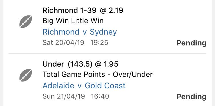 DogInvest's tweet photo. Easter AFL Multi 

Getting in early as I’ll be in Hobart for a week getting pissed for the most part...

Playing the individual lines as well $100 each. Just need to get past the first leg and I’m home I reckon.

#multimadness https://t.co/cQXOGNRMR5