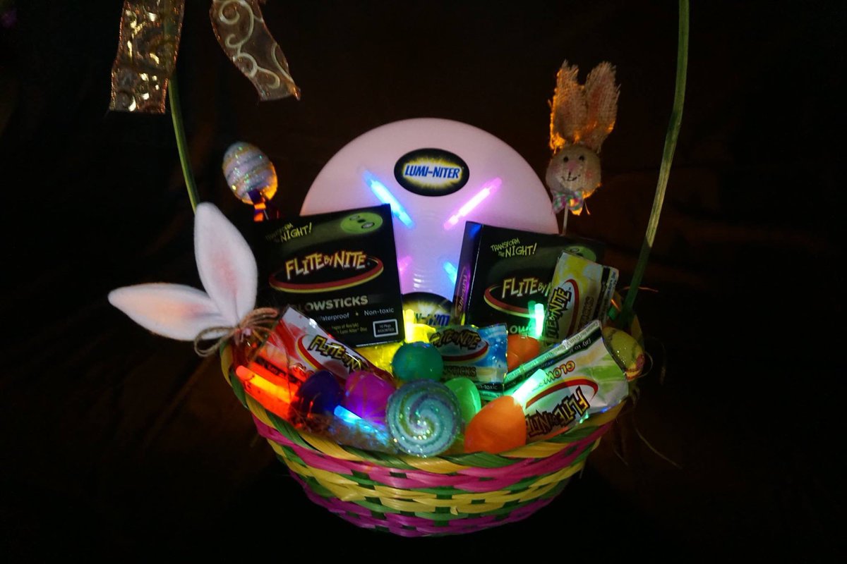 FlitebyNite's tweet photo. What's in your basket?  Definitely not traditional Easter treats! There's still time to order some Lumi-Niter outdoor fun for your favorite "some-bunny". You will gladly make their day (and night too)!  #ThinkingOutsidetheBasket #GlowingGoodness https://t.co/SqI1Aa70hU