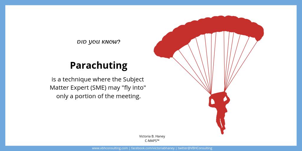 VBHConsulting's tweet photo. #Parachuting is a technique where the Subject Matter Expert may fly into only a portion of the meeting. #projectmanagement https://t.co/p3Zv4cTo7p