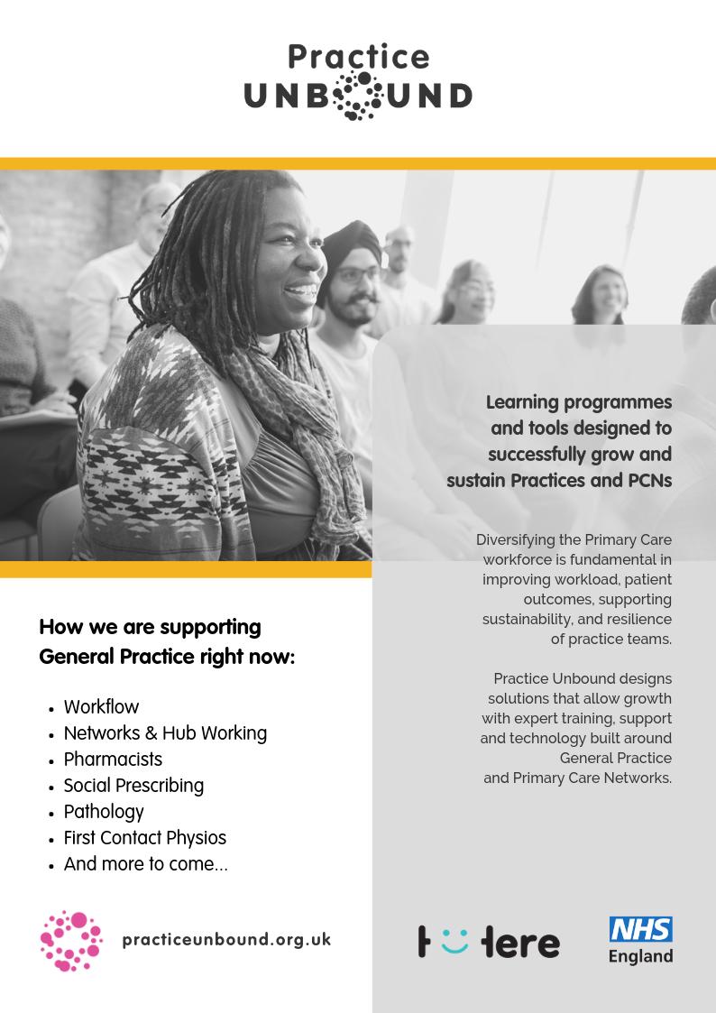 PracticeUnbound's tweet image. Hello. We're Practice Unbound. We help Practices & PCNs with #workflowoptimisation, social prescribing, pharmacists & more. Read all about it on our website: practiceunbound.org.uk _ #GPForwardView #TimeforCare #GPworkload #wearepracticeunbound