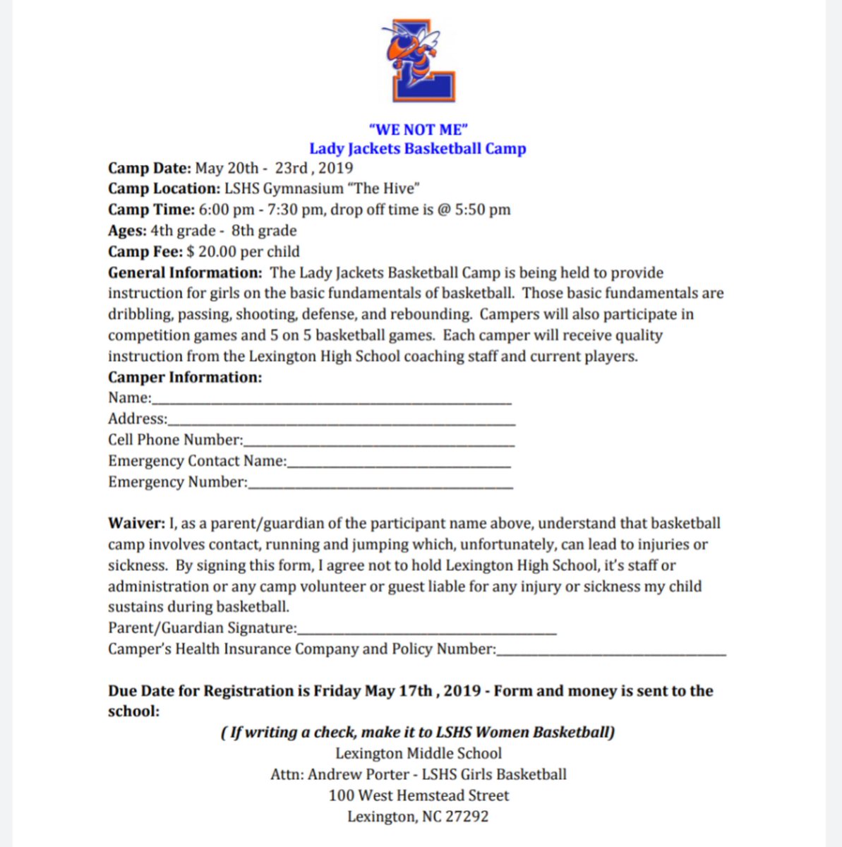 ladyjackets_wbb's tweet photo. 🏀🏀Lady Jacket's Basketball Camp May 20th - 23rd from 6pm - 7:30 pm @ LSHS. 🏀🏀
@SWEJackets @CEES_Jackets @PESJackets @LexMidSchool @LCSJackets @lexdispatch https://t.co/HRbX42wc84