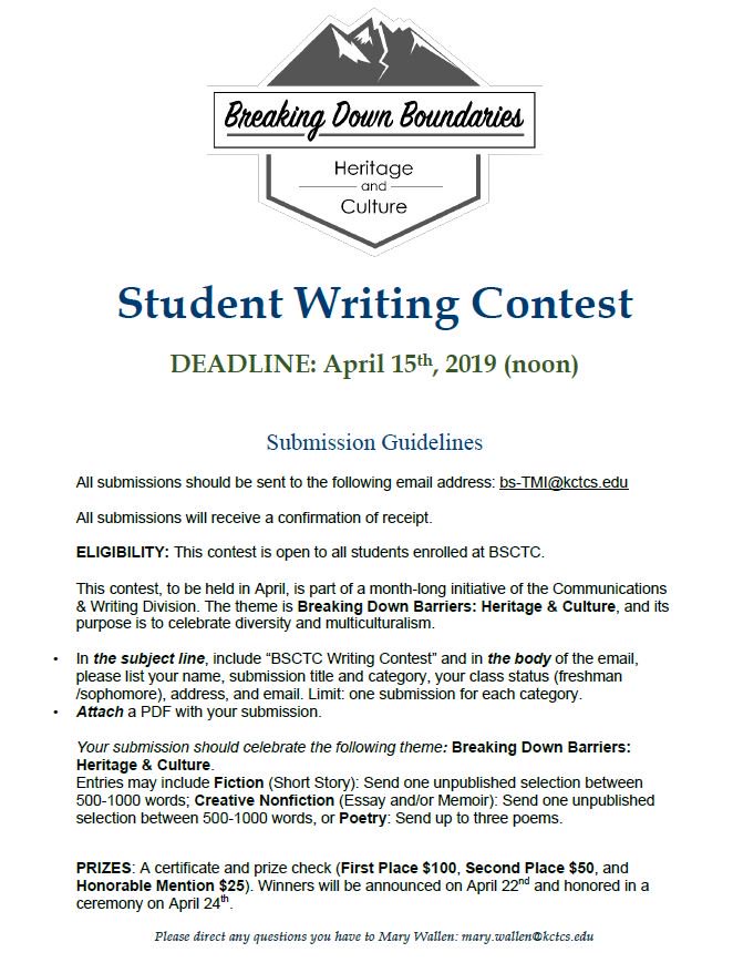 BSCTC05's tweet photo. Student Writing Contest DEADLINE: April 15th, 2019 (noon)
#bsctc #abetterlife #youvegotthis
Submission Guidelines All submissions should be sent to the following email address: bs-TMI@kctcs.edu ELIGIBILITY: This contest is open to all students enrolled at BSCTC. https://t.co/SD4aP5EHDd