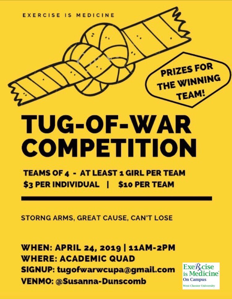 WCUHSFC's tweet photo. Check out Exercise is Medicine Tug-Of-War. We are asking for teams of four with at least one male/female per team. Great way to stay active while having fun. Also, prizes will be awarded to the winning team! #GotStrength https://t.co/uYLPcsUhO3
