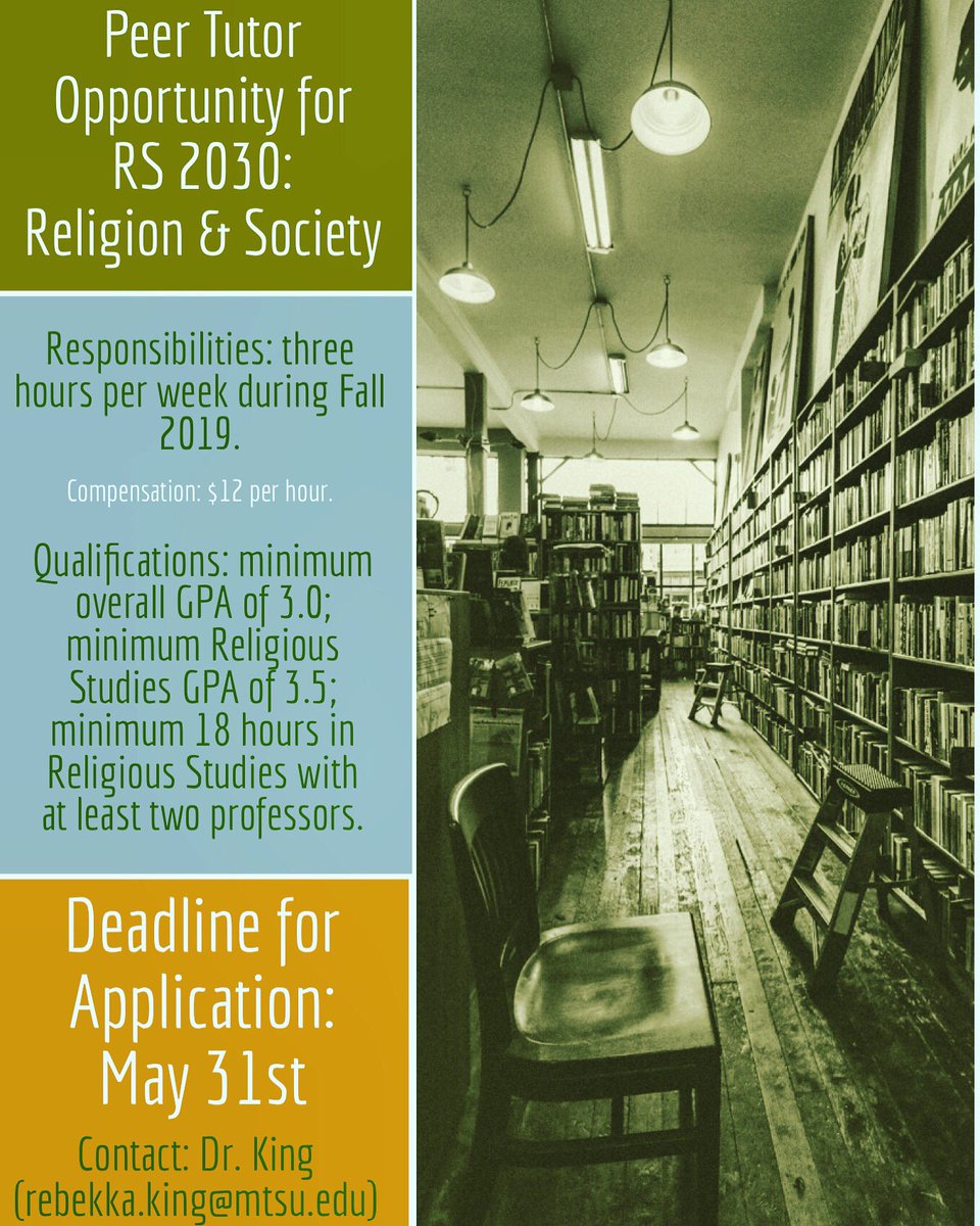 mtsu_religion's tweet photo. Peer Tutor job opportunity for Fall 2019. Apply today or contact Dr. King with any questions you may have. #mtsureligion #studyreligion #peertutoring #mtsu https://t.co/XwTMlQHlOo