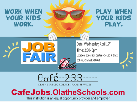 OlatheSchoolsHR's tweet photo. Did you miss out on our job fair last week? No worries! We have another opportunity for you to come meet us and learn about our food service positions! See details below! Work when your kids work. Play when your kids play! #myolatheschools https://t.co/ykfVPRsCZ2