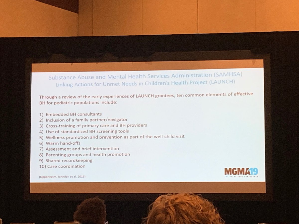 MGMA's tweet photo. "I can't agree more with these 10 elements if you're looking to be fully integrated in terms of behavioral health in your organization." Dan Braun, Wasatch Pediatrics #behavioralhealth #MGMA19OC https://t.co/quwI3QpsO0