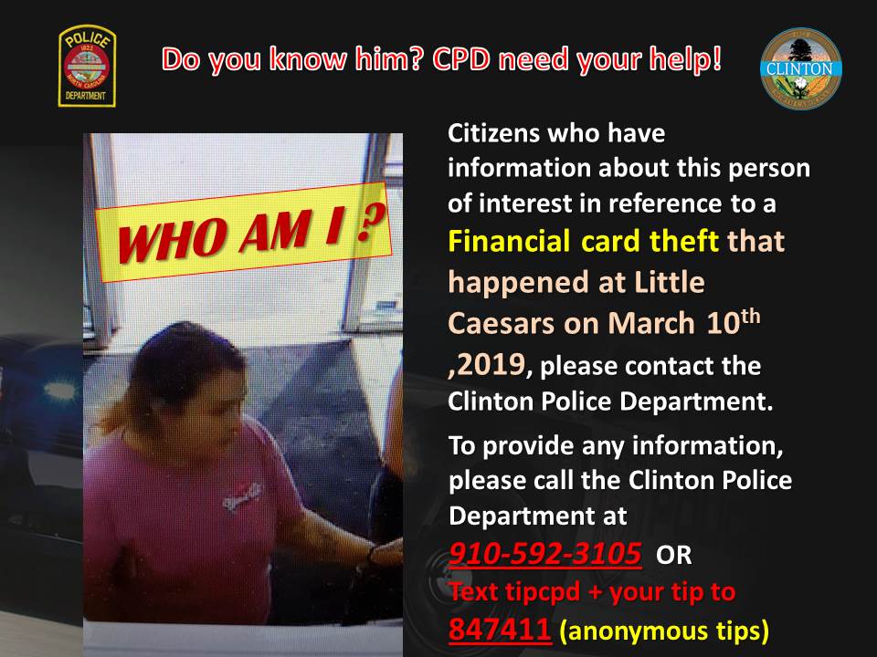 WE NEED YOUR HELP! WE NEED YOUR INFORMATION!
Do you recognize these two persons of interest?
Please share this post to reach more citizens.
Text tipcpd + your tip to 847411 if you have information about this financial card theft that happened at Little Caesars in Clinton.