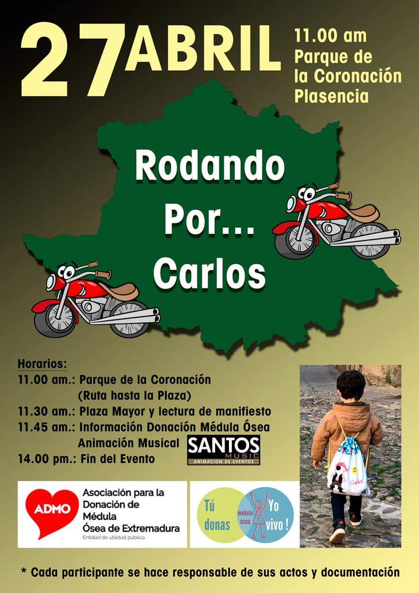 El 27 de #abril #RodandoPorCarlos te espera en #Plasencia. Toda la info en la imagen adjunta y en Facebook. <a href="/admoextremadura/">ADMO</a> #donameduladonavida #solidaridad #dona