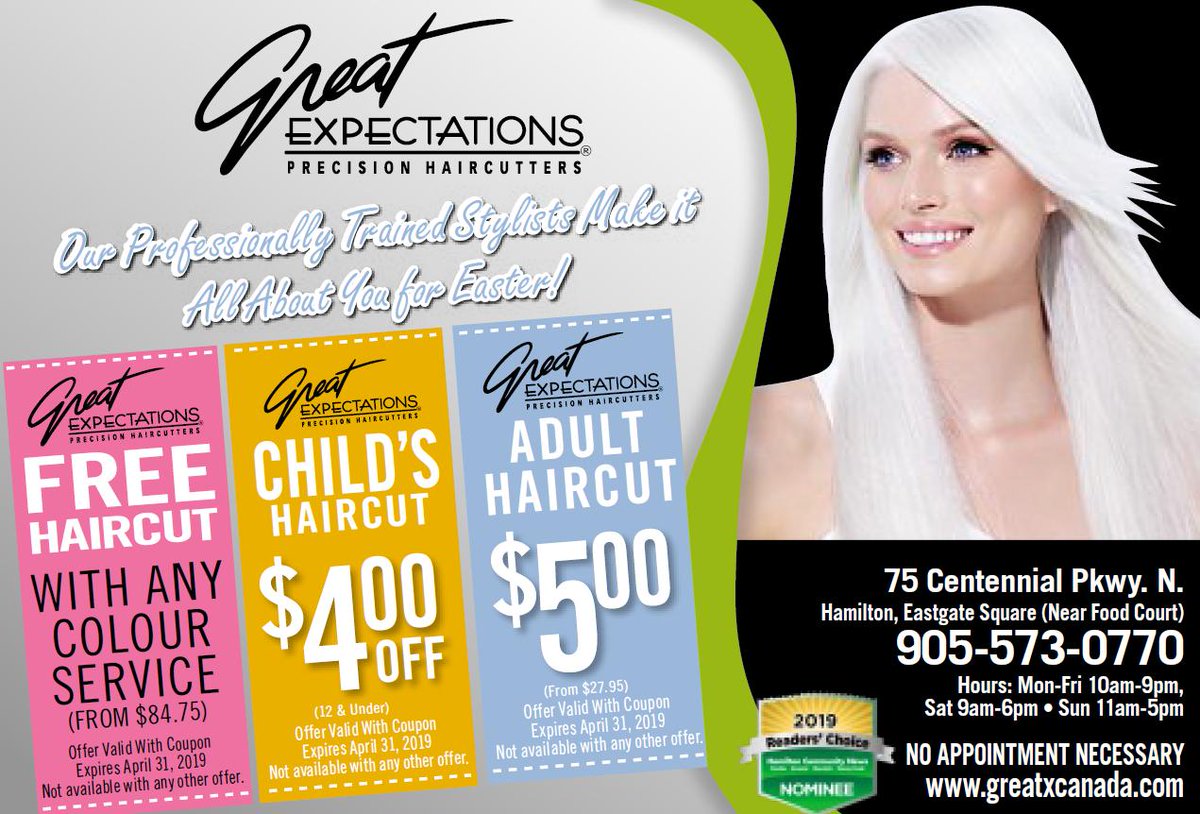 GreatXCanada's tweet photo. LOOKING FAB FOR EASTER!
Free Haircut with any colour service (from $84.75)
Child's Haircut - $4.00 off
Adult Haircut - $5.00 off
all specials valid with coupon only
expires April 30/19
 Discover your best look with
 the help of our professionally trained  stylists #HamOnt https://t.co/nxk34moaQj