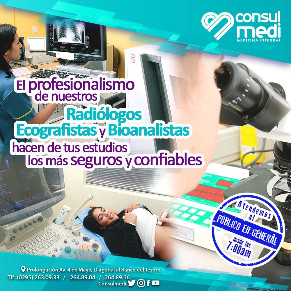 ConsulMedi's tweet photo. En #Consulmedi siempre recibirás las mejor atención de la mano de nuestros especialistas en #Ecografias
#RayosX y #Laboratorio
#ConsultasMédicas
#AtencionPrimaria
#AlcuidadodetuSalud
#IslaDeMargarita https://t.co/YutGS6HXmz