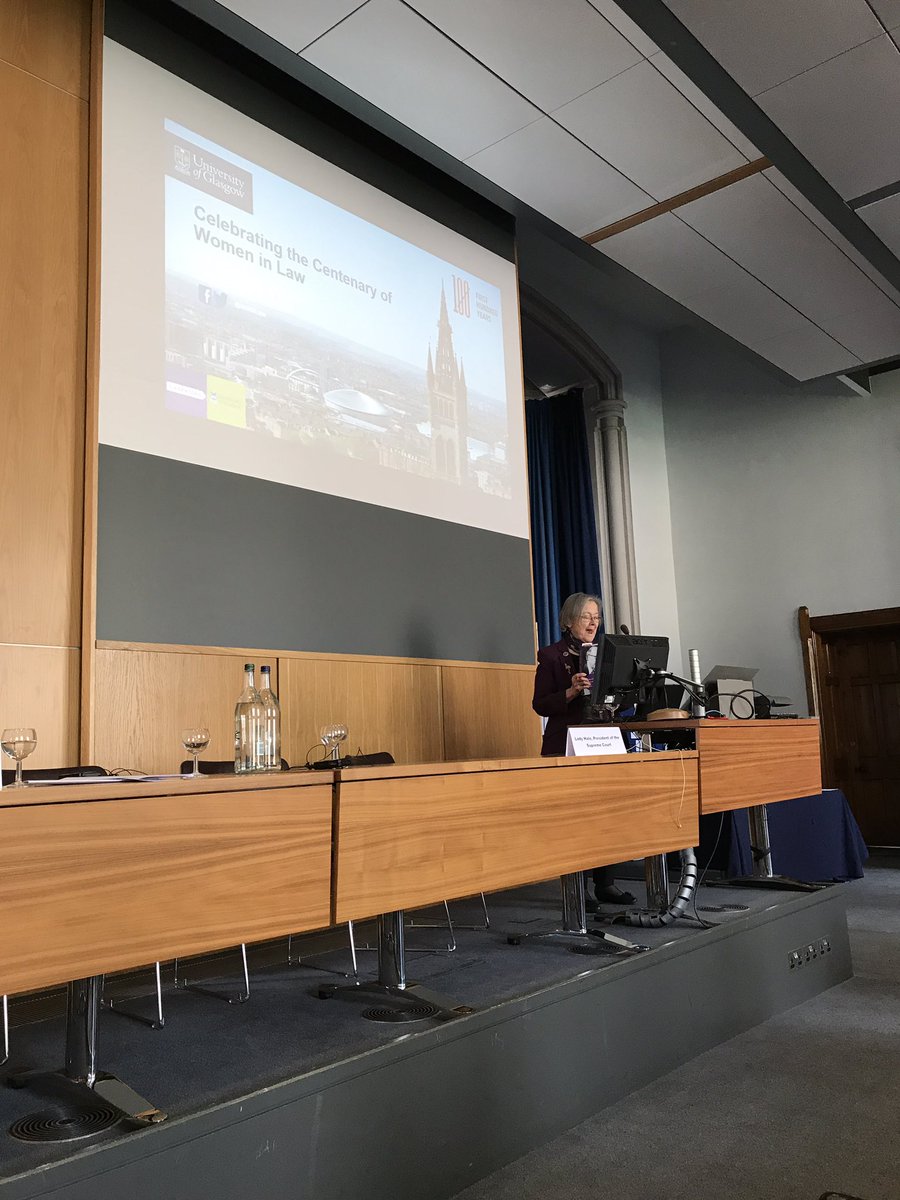 First100years's tweet photo. Baroness Hale @UofGLaw : “congratulations to Scotland for having the first woman solicitor in Madge Anderson in 1920”.  What an enthusiastic and positive talk and wonderful to have her give such positive remarks about our work @First100years https://t.co/zZnLVDdO4o