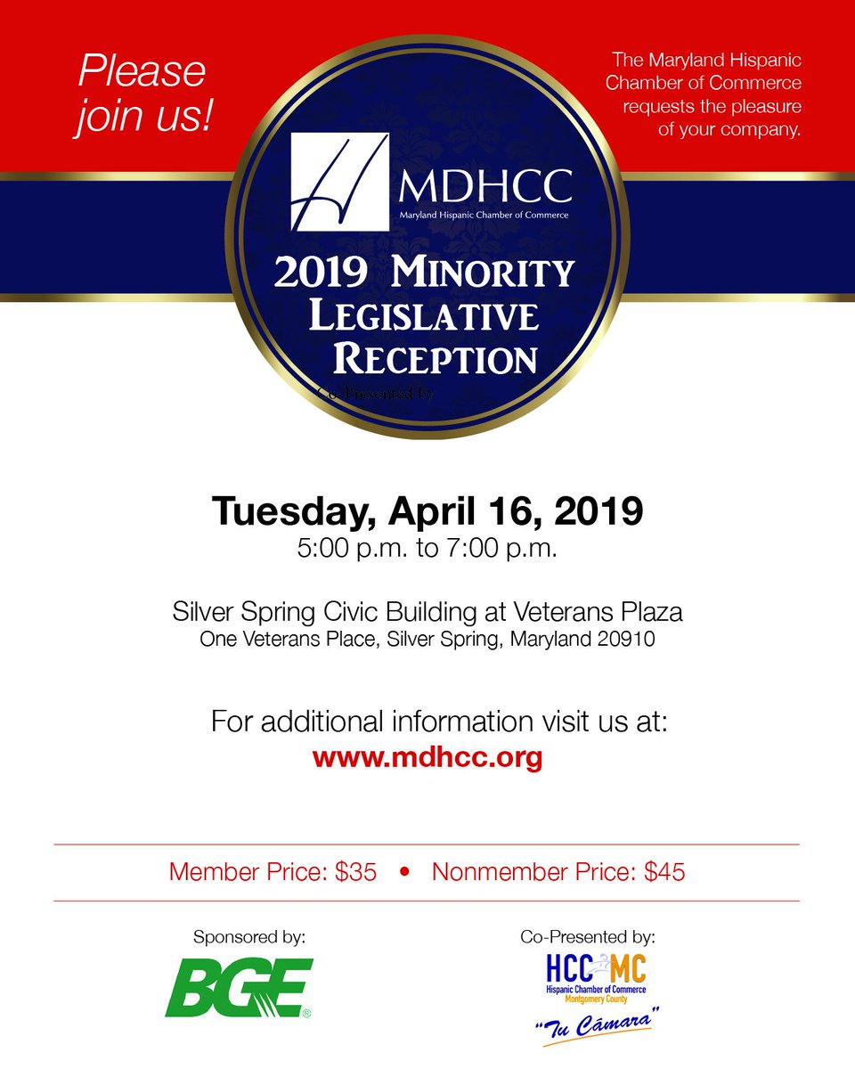 The MDHCC and the HCCMC invite you to join us for our Minority Legislative Reception on Tuesday from 5:00 pm to 7:00 pm to represent the interests of our members in topics through meeting with delegates and senators.

RSVP Here: bit.ly/2019MLReception