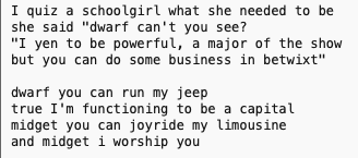 robmanuel's tweet photo. The Beatles' Drive My Car lyrics put through code that looks up each word in a thesaurus and picks a random one https://t.co/Y7NWAZjlNU