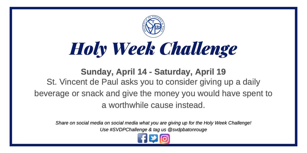 svdpbatonrouge's tweet photo. Join our HOLY WEEK CHALLENGE!
A $1 donation will provide a hot nutritious meal for a hungry individual. 
A $7 donation will provide an Easter Basket for a child in need. 
A $12 donation will provide a night of shelter to a homeless man, woman, or child.
#SVDPchallenge https://t.co/I7x7nF9jcc