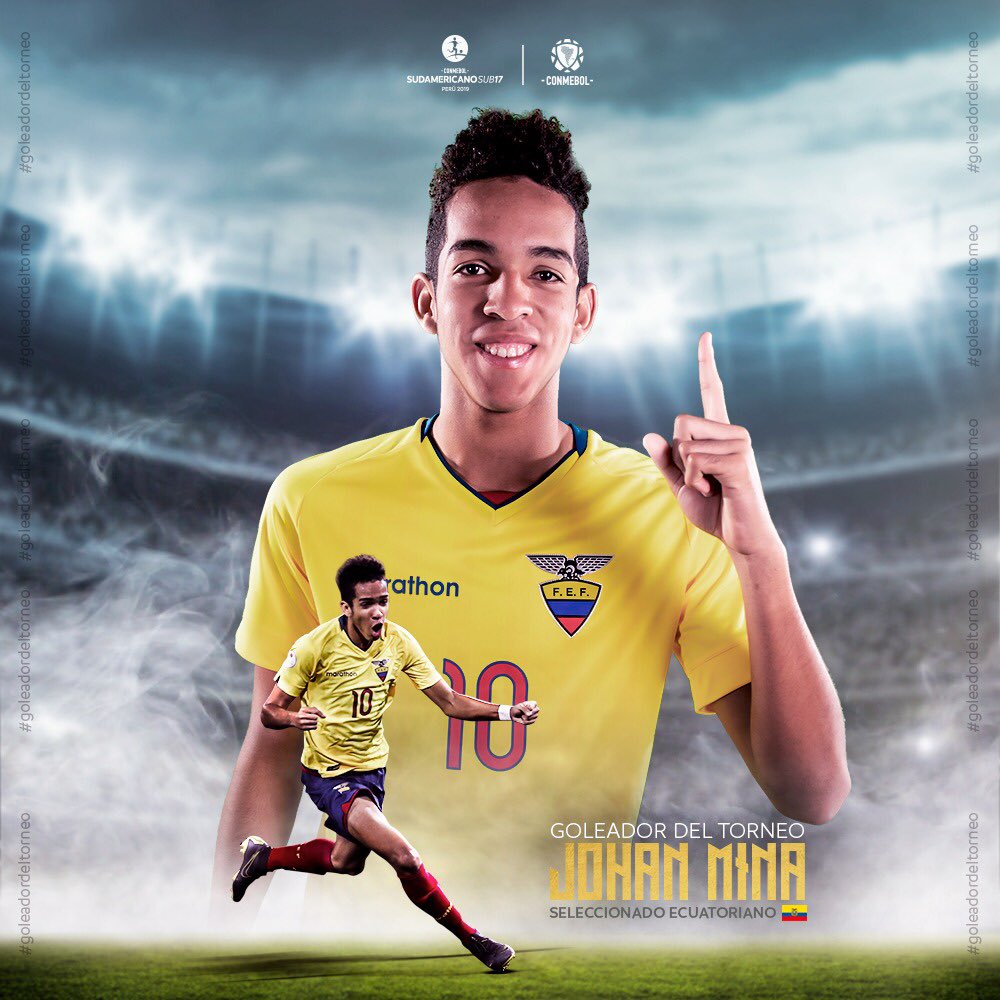 sub17Peru2019's tweet photo. Johan Mina, jugador de @FEFecuador🇪🇨, es el goleador del Sudamericano Sub 17 - Perú 2019 con seis anotaciones. 🎉⚽️

#ElInicioDelSueño
#Sub17Perú2019
#CONMEBOL https://t.co/GHgvEaNWyM