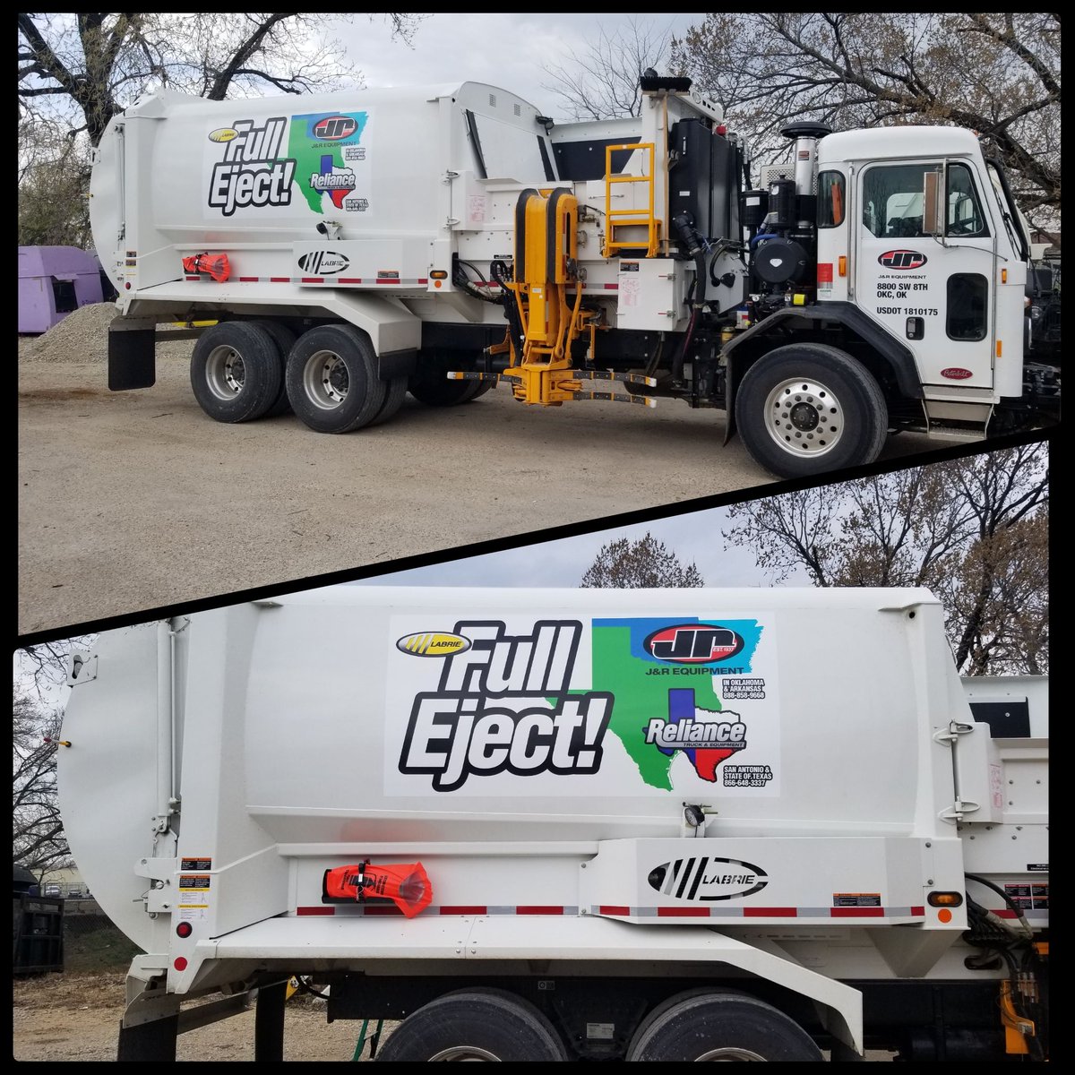 DumpsterDecals's tweet photo. Were you able to see this #Labrie @TXSWANA that we decaled? If not call @JandREquipment for a demo. Ask them if the "Full Eject" means the body or the seat?? #007 #dontpushtheredbutton #EagleEyePartners #WeGotchaWrapped #3M https://t.co/Feu6TxC4Eh
