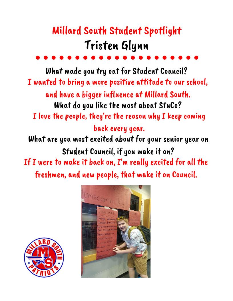 This week's Student Spotlight goes out to <a href="/tristen_glynn/">Tristen Glynn</a>! Tristen is an active member of Student Council, JCB, DECA, and is a Junior Officer. Student Council voting is up and running this week! Click the link in your email, and make sure to vote Tristen! 😉