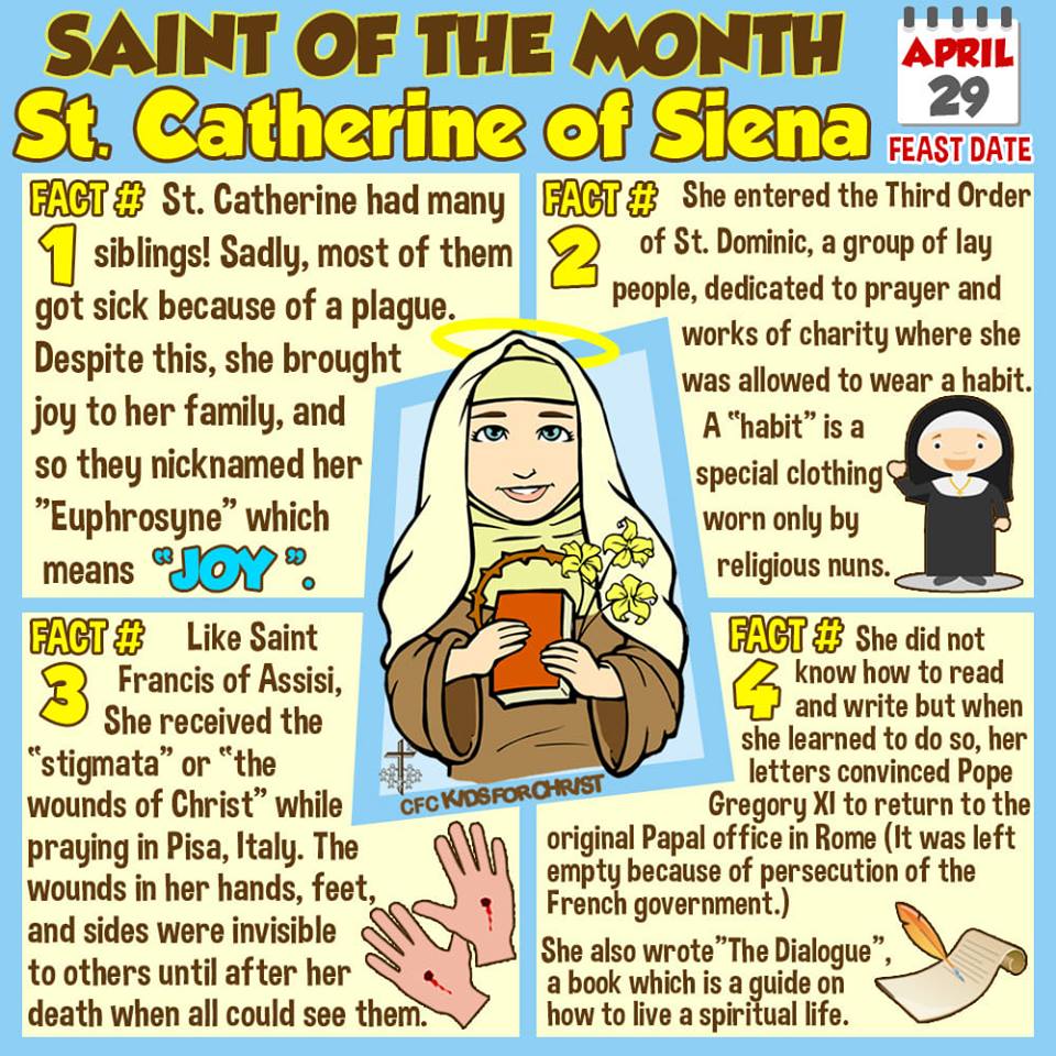 kfcbukidnon's tweet photo. Hi families!

Our Saint of the Month for April is St. Catherine of Siena. Read the infographic below as we get to know her and see how we can be like her. As a family, may we continue to grow in our Catholic faith and aim to be like saints!

#SOTM
#sharingthejoyofChrist https://t.co/4G1wbcJwu4