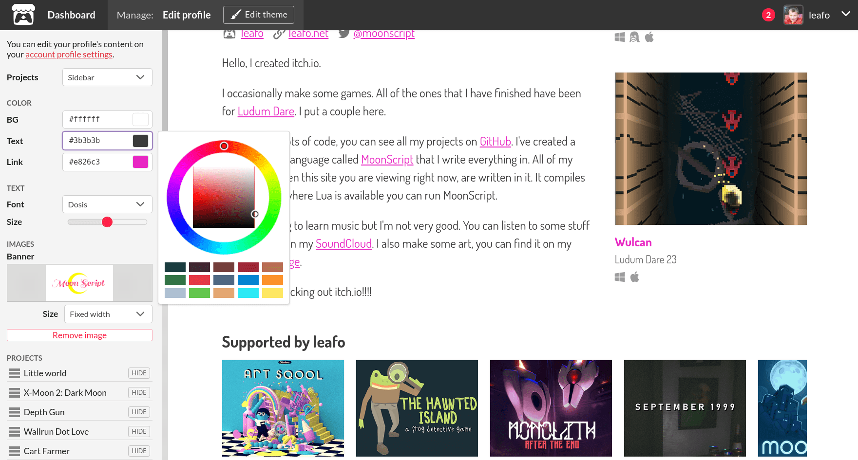 leaf @ itch.io 🙌 on Twitter: "The rebuilt profile theme editor is now live  on @itchio. Functionally it's mostly the same (added some font options),  but it's easier to update so now