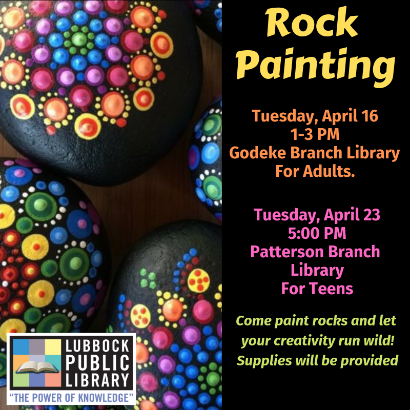 lubbocklibrary's tweet photo. Tomorrow, April 16, at 1:00 PM we will have Rock Painting For Adults at Groves Branch Library!
Come let your creativity run wild while creating fun decorations!
#LubbockLibrary #RockPainting #GrovesLIB https://t.co/ZvoXr2NyPK