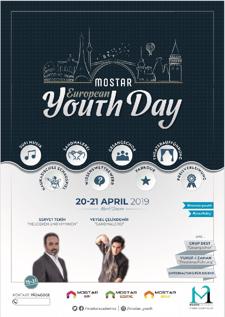 15-21 yaşlar arası genclerimizi, Mostar Youth Day isimli buluşma günümüze davet ediyoruz. Katılmak isteyenler derneğimizin iletişim sorumluları ile irtibata geçebilirler.

Mostar Academics Europe e.V
