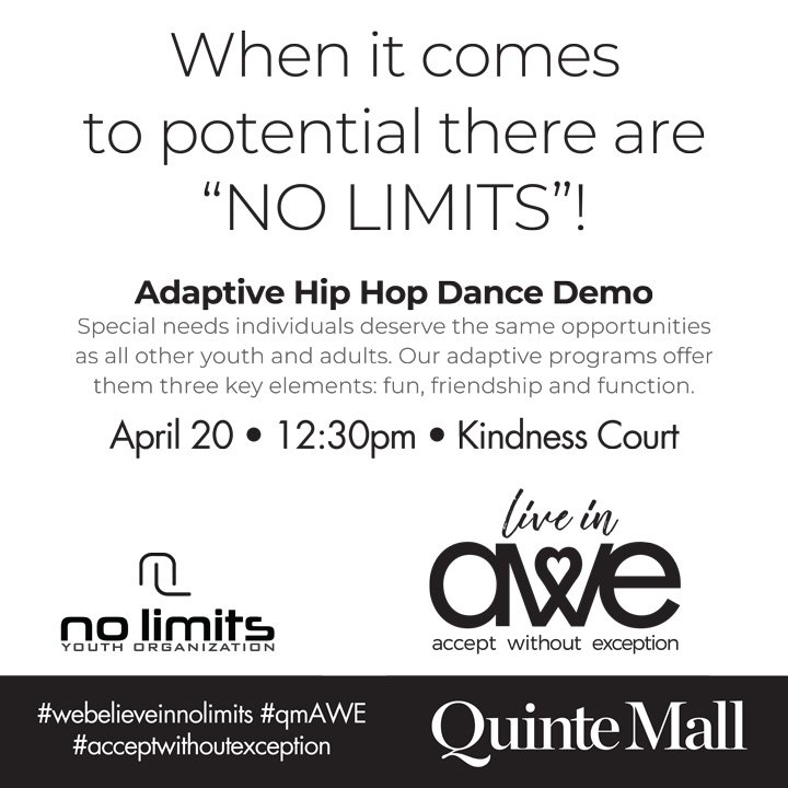 quintemall's tweet photo. This Saturday from 11-3, stop by Kindness Court to learn more about an AMAZING local organization @NoLimitsCA   .  There will be demonstrations and more!  
#Nolimits #qmAWE #acceptwithoutexception https://t.co/bai7gJrivn