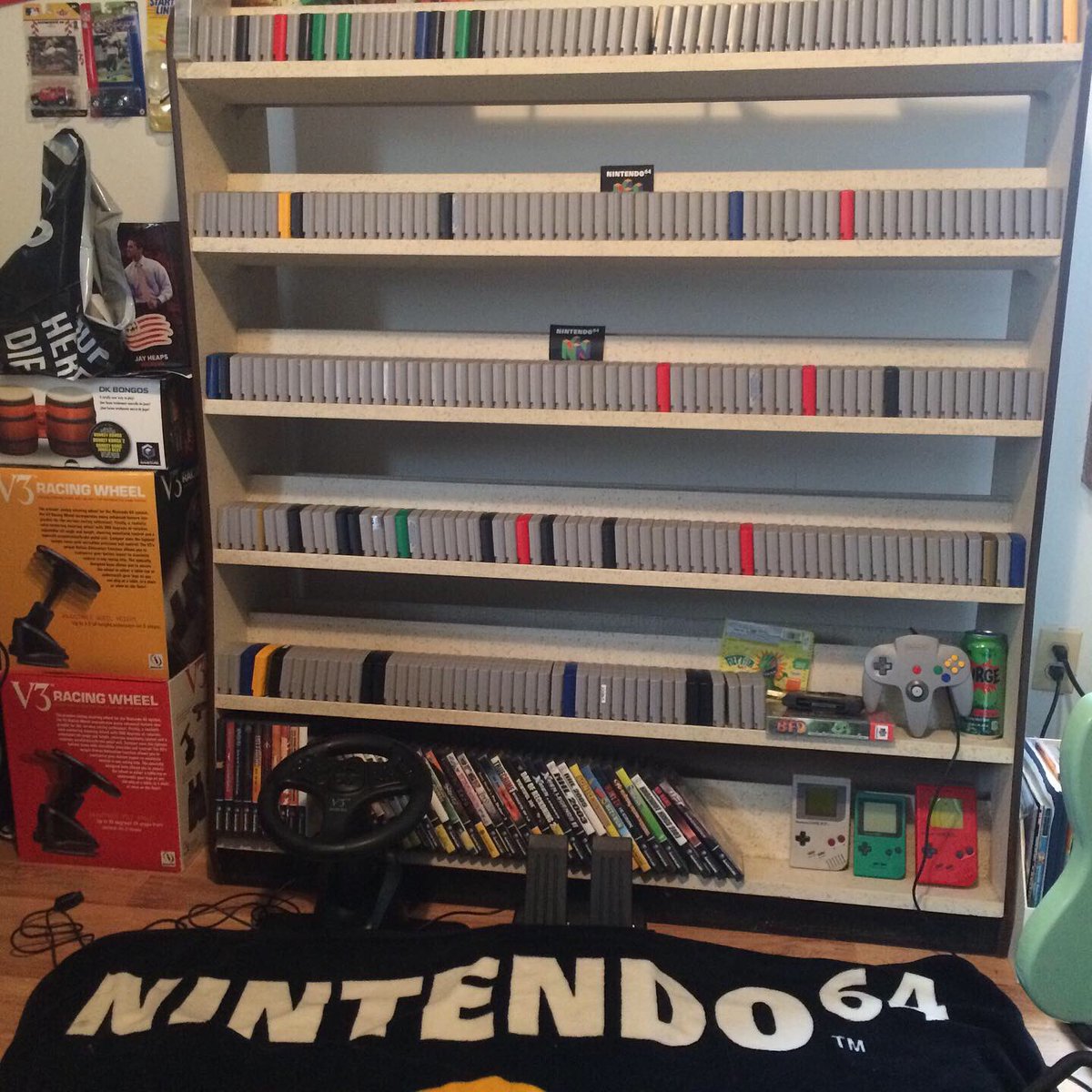 Every US N64 + a few Jap. and a few unreleased games and a few homebrew games for a total of 304 games 2 steering wheels 12 memory cards 3 rumble paks. 10 controllers @N64Today @n64thstreetgifs @N64Memories #N64collection