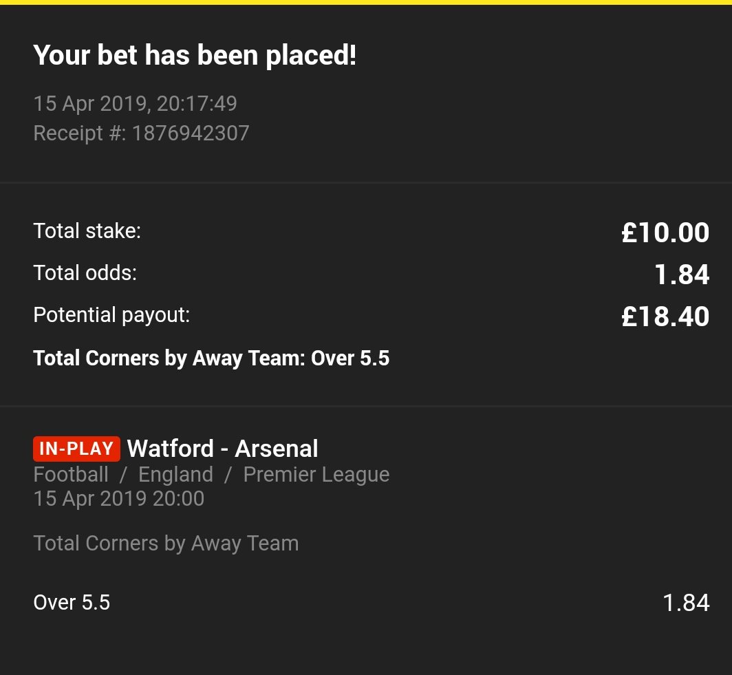 TCSTips's tweet image. ⏱️#INPLAY 
⚽ Watford v Arsenal
🇬🇧 ENGLAND: Premier League
➡️ TIP: Arsenal O5.5 Team Corners
📊 STAKE: 2points
📈 ODDS: 1.840 (Unibet)