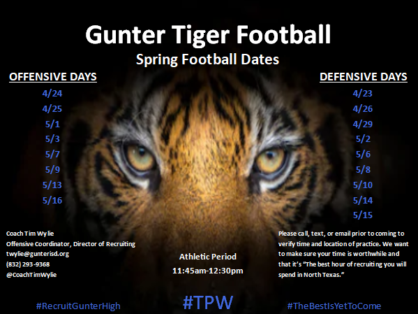 coachtimwylie's tweet photo. We are one week away from being full-throttle in spring football. Mark your calendars and come experience, “The best hour of recruiting you will spend in North Texas.” We hope to see you soon. #TPW #RecruitGunterHigh https://t.co/ntThhBymVD