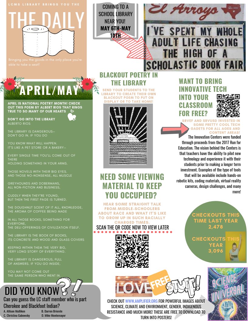LCMSLib's tweet photo. It’s been too long, Twitter. Bringing back the #LibraryNews using @Canva to make all my library needs come true! #librarylife #SRVUSD1819 #LCMS #LibraryPR https://t.co/dx0XoZkwtI