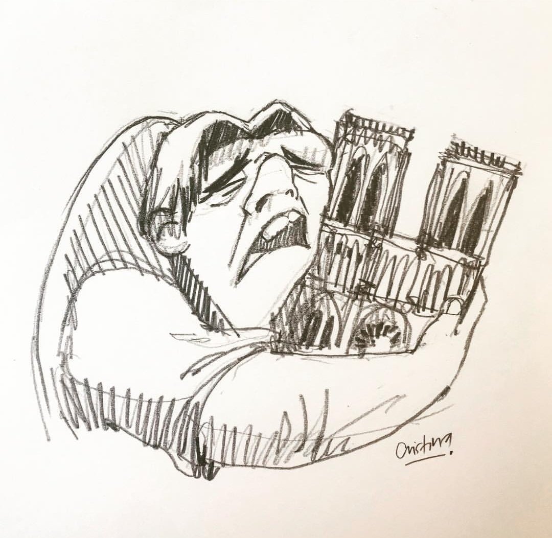 ArtistMiesje's tweet photo. this image conveys how we all feel about the fire at  #NotreDame #Paris such a loss https://t.co/QFdYl280VV