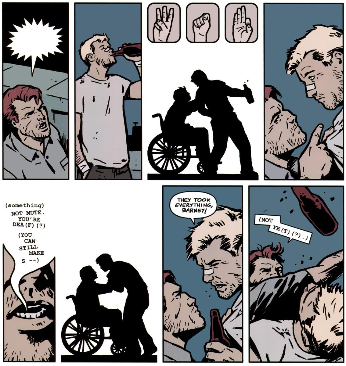 YeeHawkguy's tweet photo. Without his hearing aids, Clint relies on lip reading and ASL to communicate with other people. 

He can't read the lips of super-heroes with full-face masks, like Deadpool and Spider-Man, so they have to uncover their mouths or speak ASL. https://t.co/3ulDbJnXL5