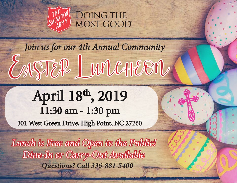 The Salvation Army is offering a FREE Easter Luncheon in High Point on Thursday, April 18! Please help spread the word to those in need.