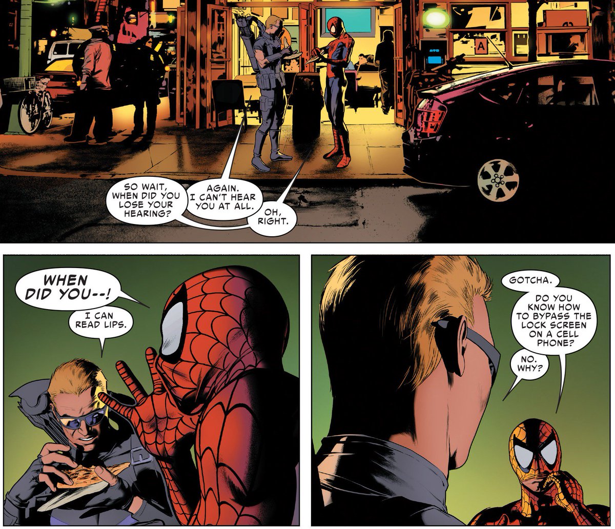 YeeHawkguy's tweet photo. Without his hearing aids, Clint relies on lip reading and ASL to communicate with other people. 

He can't read the lips of super-heroes with full-face masks, like Deadpool and Spider-Man, so they have to uncover their mouths or speak ASL. https://t.co/3ulDbJnXL5