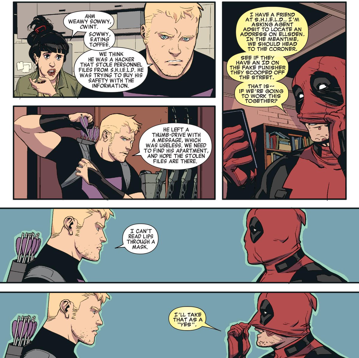 YeeHawkguy's tweet photo. Without his hearing aids, Clint relies on lip reading and ASL to communicate with other people. 

He can't read the lips of super-heroes with full-face masks, like Deadpool and Spider-Man, so they have to uncover their mouths or speak ASL. https://t.co/3ulDbJnXL5